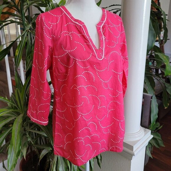 Boden Size 8 Bright Pink Cotton Split Neck Tunic 3/4 Sleeve Crochet Detail EUC - Picture 2 of 7